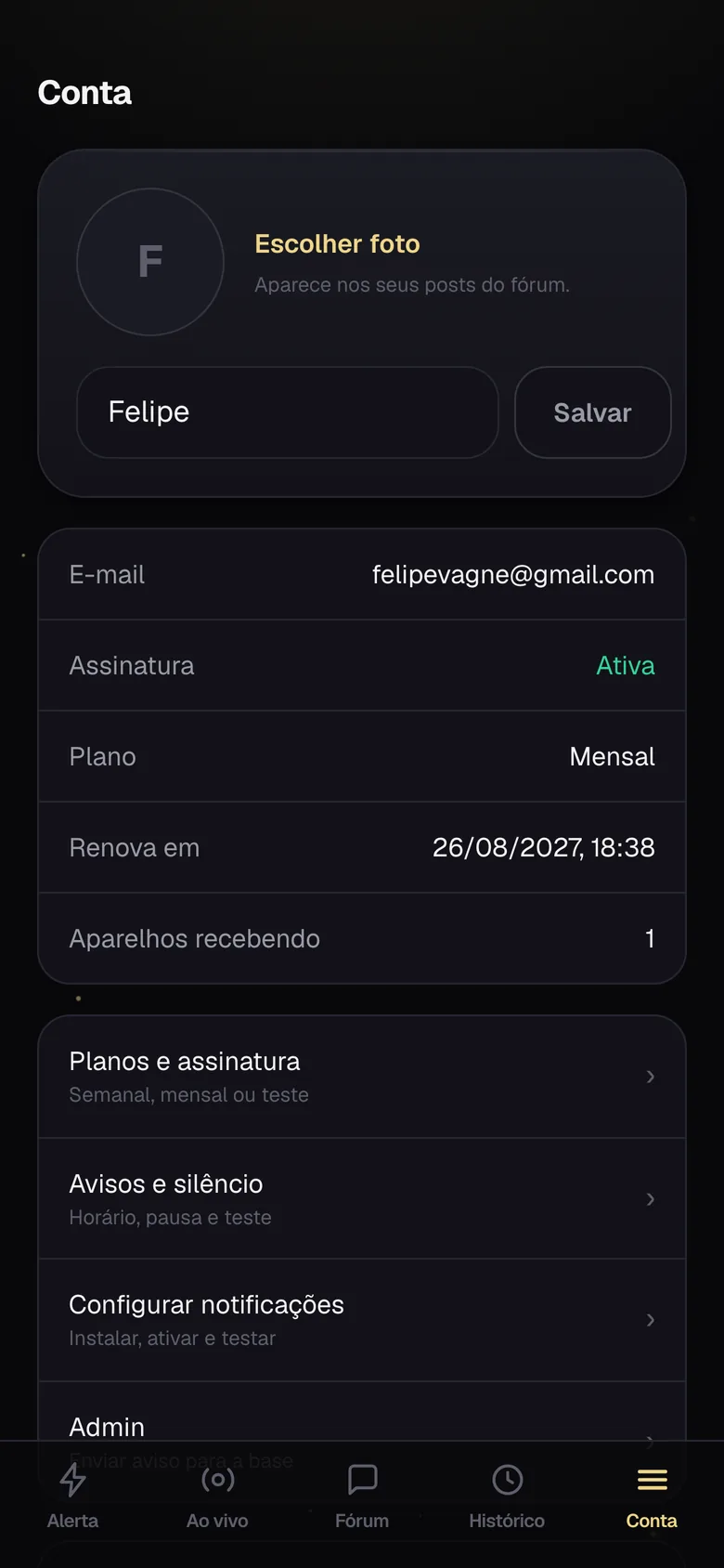 Tela Conta do Minuto Elite